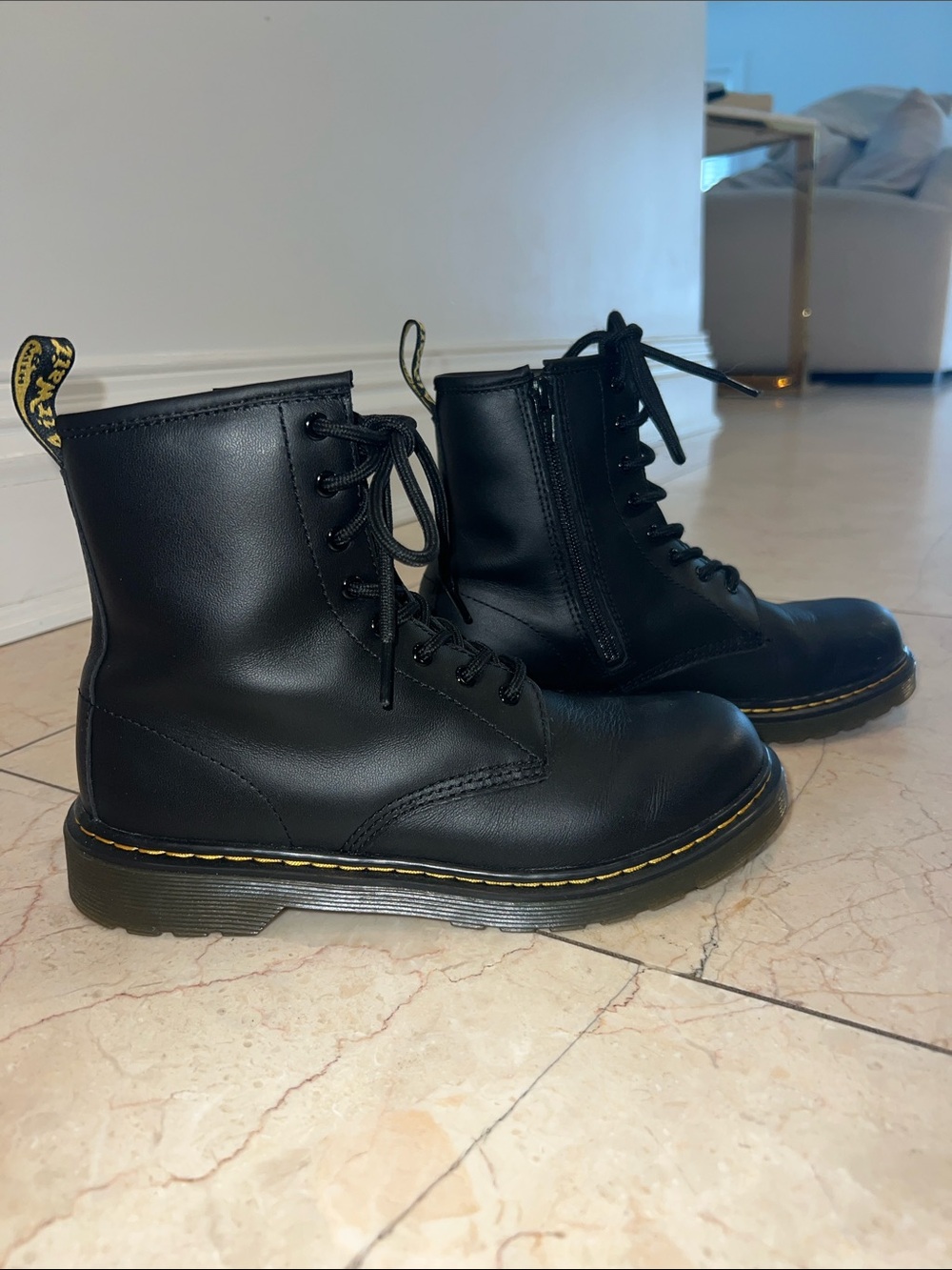 Dr. Martens Kids Black Leather Lace-Up Boots with Yellow Stitching